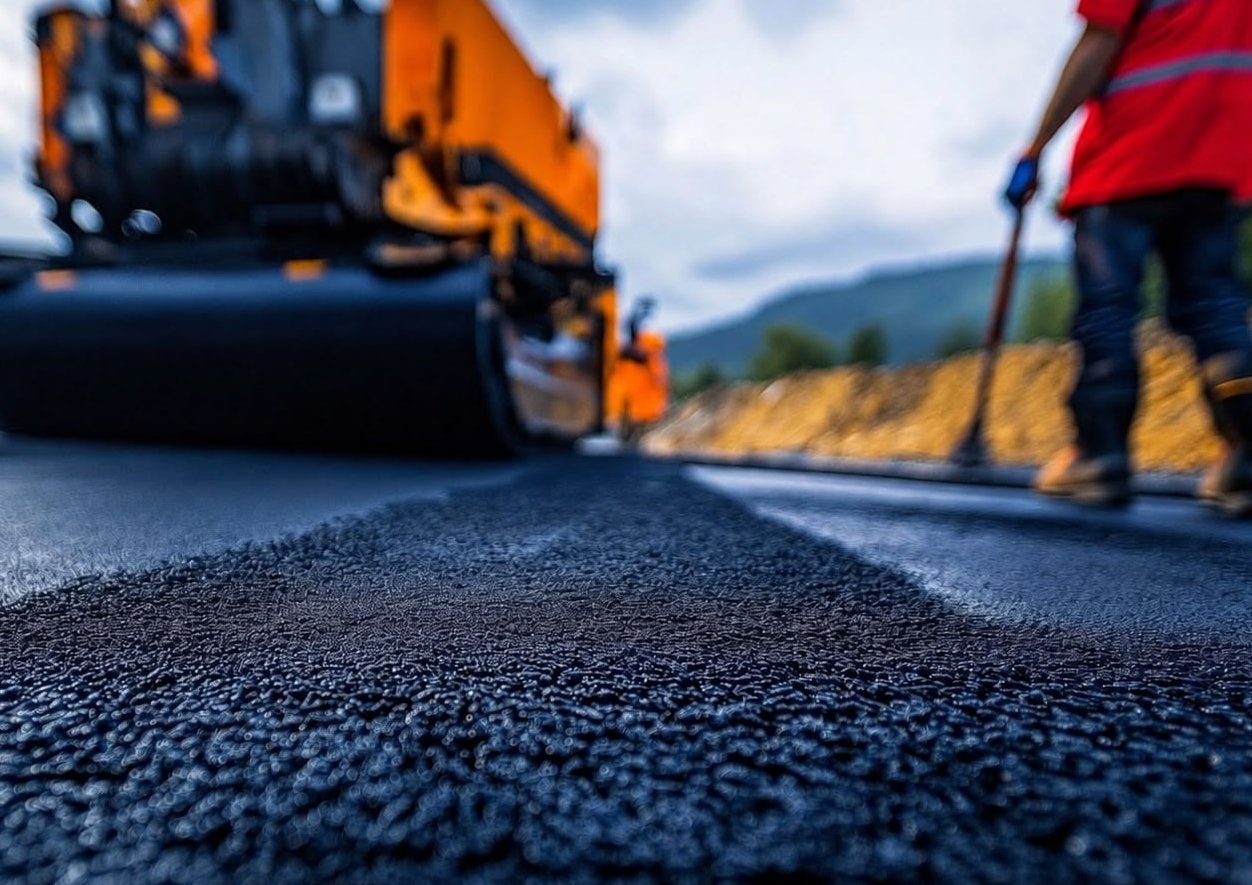 Pavimentação de uma via, com equipamento e profissional em campo